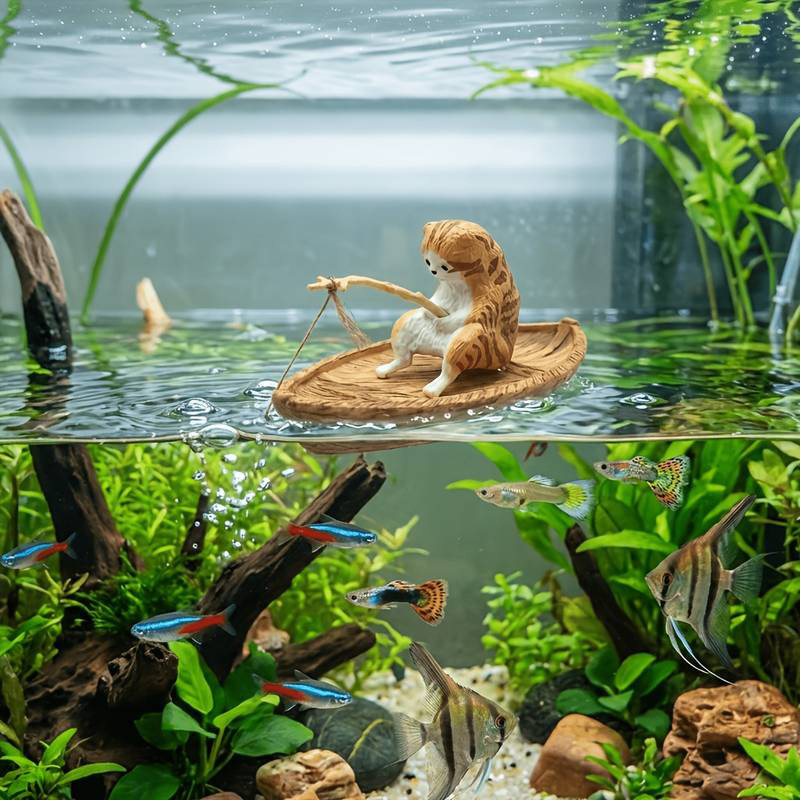Aquarium Marina - クリエイティブな猫の釣り船水槽飾り 高品質樹脂製 耐久性のある水槽装飾 マリンテーマ