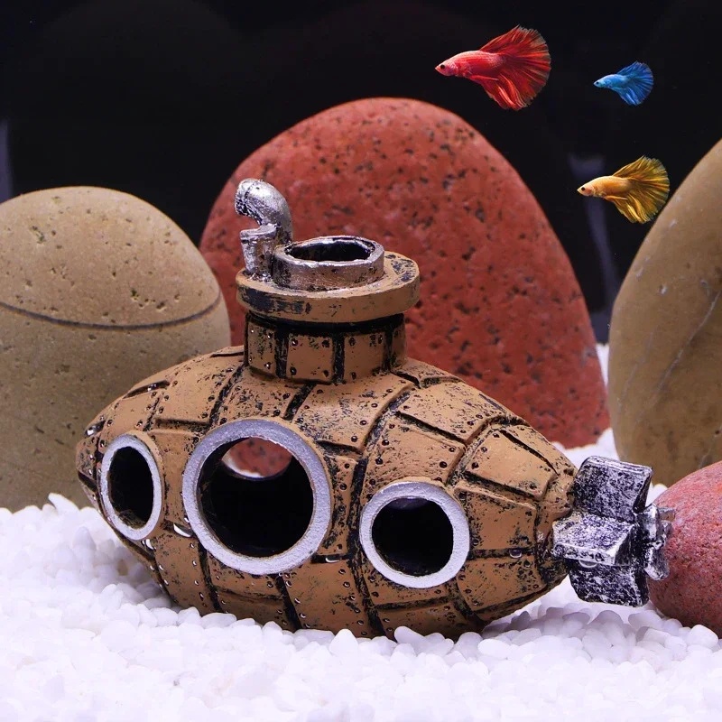 樹脂製潜水艦型オーナメント、水槽飾り、魚やエビの隠れ家、洞窟 - Marine Aquarium Hobby のレビューと価格